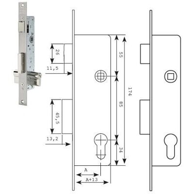 Tesa - Cerradura de puerta reversible - Acero inoxidable - Serie 2210 Tesa - Cerradura de puerta reversible - Acero inoxidable - Serie 2210