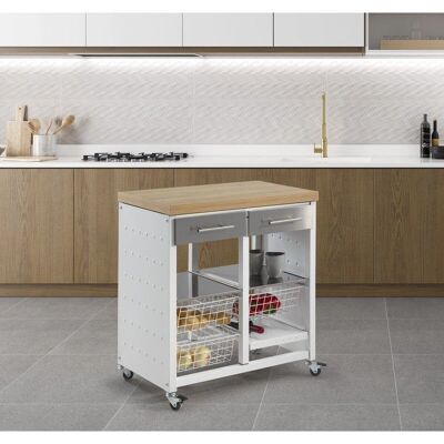 Carrito de cocina EKO doble convertible - Acero Inoxidable Blanco Madera Carrito de cocina EKO doble convertible - Acero Inoxidable Blanco Madera