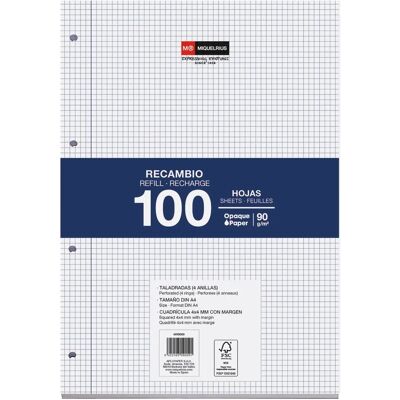 Miquelrius recharge A4 100 feuilles 4x4 grille - 90gsm Miquelrius recharge A4 100 feuilles 4x4 grille - 90gsm