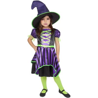 Disfraz de Bruja Cuqui Verde y Morado con Sombrero para Niña Disfraz de Bruja Cuqui Verde y Morado con Sombrero para Niña