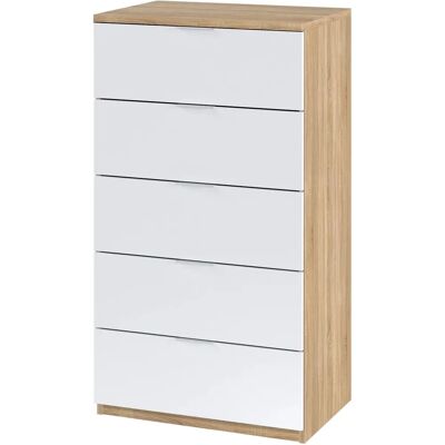 Cómoda Luca de Duehome - 5 Cajones, Estilo Nórdico/Industrial, Blanco y Roble Cómoda Luca de Duehome - 5 Cajones, Estilo Nórdico/Industrial, Blanco y Roble