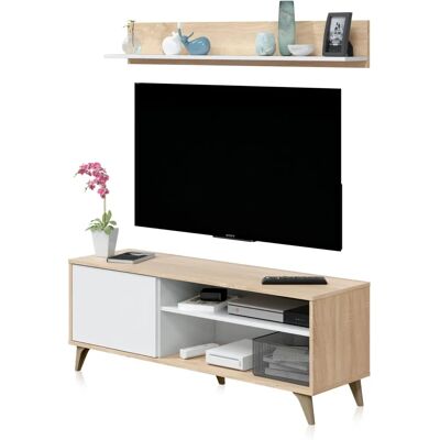 Mirakemueble Kikua Mueble de TV - Blanco y Roble - 135cm x 50cm x 40cm Mirakemueble Kikua Mueble de TV - Blanco y Roble - 135cm x 50cm x 40cm