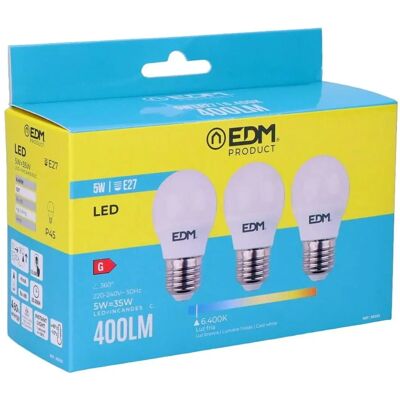 Groupe de 3 ampoules LED - E27 Sphériques 400lm 6400K - Publicité Groupe de 3 ampoules LED - E27 Sphériques 400lm 6400K - Publicité