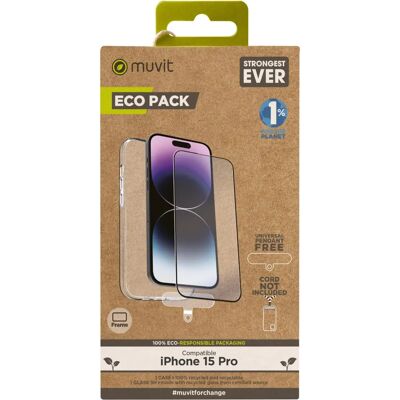 Capa transparente ecológica e protetor de tela para iPhone 15 Pro da Muvit Capa transparente ecológica e protetor de tela para iPhone 15 Pro da Muvit