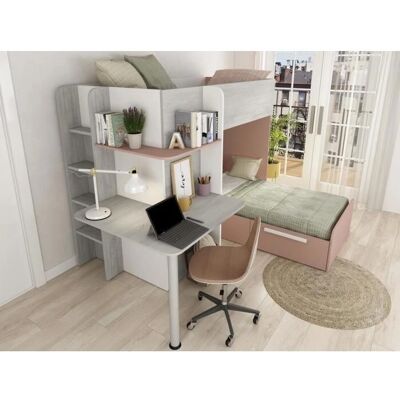 Vente-unique Samuel Bed with Desk, Pink & Gray - Bunk Bed Vente-unique Samuel Bed with Desk, Pink & Gray - Bunk Bed