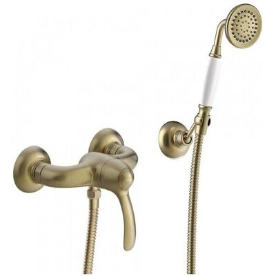 Grifo Mural en Latón Viejo Mate de Tres - Ducha, Manguera Flexible, Soporte Ajustable Grifo Mural en Latón Viejo Mate de Tres - Ducha, Manguera Flexible, Soporte Ajustable