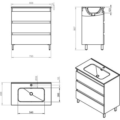 Cosmic Bbest 3-Schubladen-Unterschrank mit Porzellan-Waschtisch - 80cm Cosmic Bbest 3-Schubladen-Unterschrank mit Porzellan-Waschtisch - 80cm