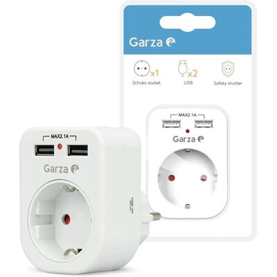 GARZA Voedingsadapter - 1 Schuko + 2 USB, Kindersicherung GARZA Voedingsadapter - 1 Schuko + 2 USB, Kindersicherung