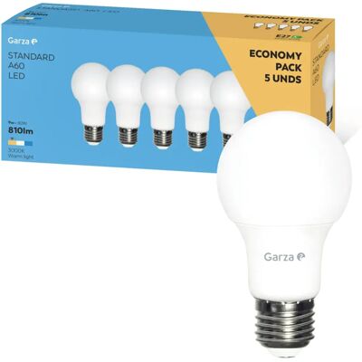 Pack de 5 Ampoules LED Garza Lighting 9W E27 240° 810 Lumens 3000K Lumière Chaude Pack de 5 Ampoules LED Garza Lighting 9W E27 240° 810 Lumens 3000K Lumière Chaude