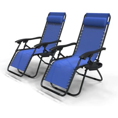 VOUNOT Set di 2 lettini da giardino blu - Pieghevoli, con portabicchieri VOUNOT Set di 2 lettini da giardino blu - Pieghevoli, con portabicchieri
