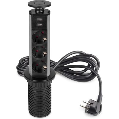 Multiconnector vertical escamotable Emuca - 3 Schuko, 2 USB, Noir - Multiprise - Publicité Multiconnector vertical escamotable Emuca - 3 Schuko, 2 USB, Noir - Multiprise - Publicité