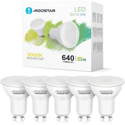 Ampoules LED GU10 Aigostar 8W - Blanc chaud - 560 lumens - 5 pcs/boîte - Angle 160° - Publicité Ampoules LED GU10 Aigostar 8W - Blanc chaud - 560 lumens - 5 pcs/boîte - Angle 160° - Publicité