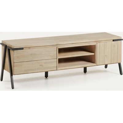 Kave Home Thinh TV-möbel - Massivt akaciaträ, Svart stål, 2 lådor, 1 hylla Kave Home Thinh TV-möbel - Massivt akaciaträ, Svart stål, 2 lådor, 1 hylla