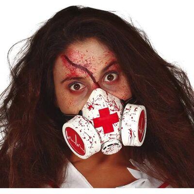 Maska gazowa krwista biała/czerwona od Lacey Wigs - Akcesorium na Halloween dla dorosłych Maska gazowa krwista biała/czerwona od Lacey Wigs - Akcesorium na Halloween dla dorosłych
