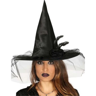 Chapeau de sorcière noir avec fleurs - Costume Guirca Chapeau de sorcière noir avec fleurs - Costume Guirca