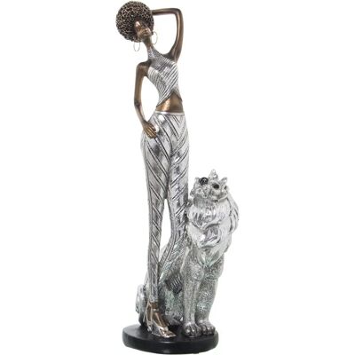 Figura de Resina Plateada DRW - Mujer Africana & León - 15x10x39cm Figura de Resina Plateada DRW - Mujer Africana & León - 15x10x39cm