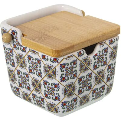 DRW Azucarero - Cerámica, Tapa de Madera, Cuadrados Pequeños - 9x9x9cm DRW Azucarero - Cerámica, Tapa de Madera, Cuadrados Pequeños - 9x9x9cm