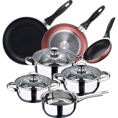 Ensemble de cuisine en acier inoxydable San Ignacio avec couvercles en verre - 8 pièces Ensemble de cuisine en acier inoxydable San Ignacio avec couvercles en verre - 8 pièces