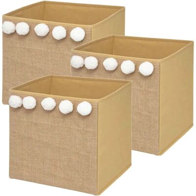 WELLHOME 3-delige Kinder Opbergdozen Set met Pompons - 29x29x29 cm WELLHOME 3-delige Kinder Opbergdozen Set met Pompons - 29x29x29 cm