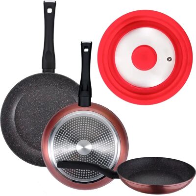 Set di 3 Padelle in Alluminio Forgiato 20/24/28cm - Antiaderente, Coperchio Universale Set di 3 Padelle in Alluminio Forgiato 20/24/28cm - Antiaderente, Coperchio Universale