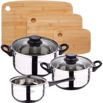 Juego de 5 piezas de cocina en acero inoxidable San Ignacio con tablas de bambú Juego de 5 piezas de cocina en acero inoxidable San Ignacio con tablas de bambú