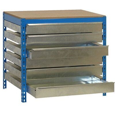 Plan de travail BT5 Simonrack avec 6 tiroirs - Bleu/Bois - 1200x1210x760mm Plan de travail BT5 Simonrack avec 6 tiroirs - Bleu/Bois - 1200x1210x760mm