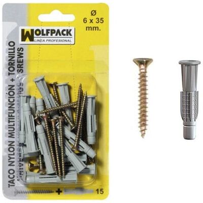 Cheville multi-usage + vis WOLFPACK - 6x45 mm - 15 pièces Cheville multi-usage + vis WOLFPACK - 6x45 mm - 15 pièces