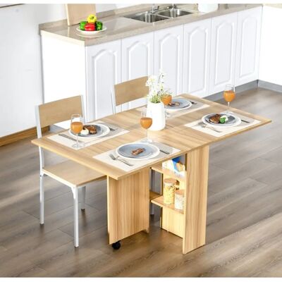 Mesa de Comedor Plegable de Madera Natural con Ruedas Homcom - Extensible para 4-6 Personas Mesa de Comedor Plegable de Madera Natural con Ruedas Homcom - Extensible para 4-6 Personas
