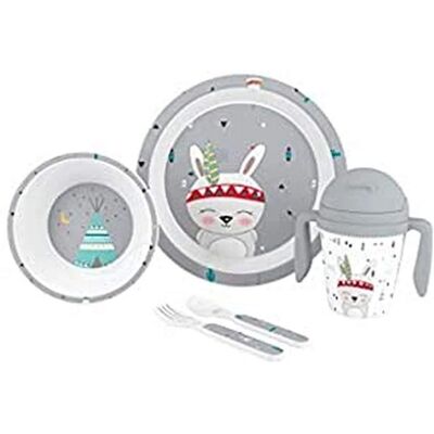 Dětský jídelní set INTERBABY INDIÁN - šedý - 5dílný set Dětský jídelní set INTERBABY INDIÁN - šedý - 5dílný set