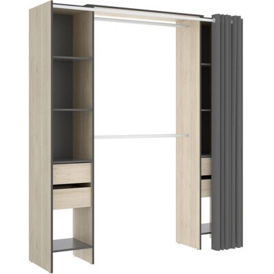 Dekit - Armario con 4 cajones y cortina - Natural y Grafito - 205x180x50 cm Dekit - Armario con 4 cajones y cortina - Natural y Grafito - 205x180x50 cm