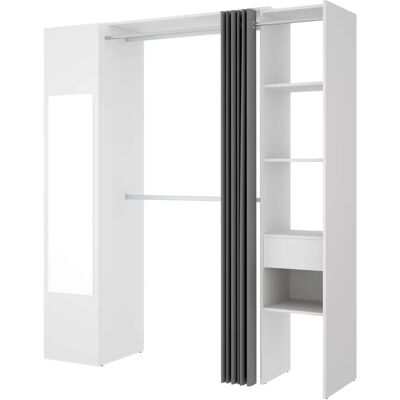 Armoire Bertrand avec Miroir et Rideau - 177 cm - Blanc et Gris - Publicité Armoire Bertrand avec Miroir et Rideau - 177 cm - Blanc et Gris - Publicité