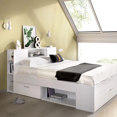 Cama Leandre con Almacenamiento - 140x190cm - Blanco Cama Leandre con Almacenamiento - 140x190cm - Blanco