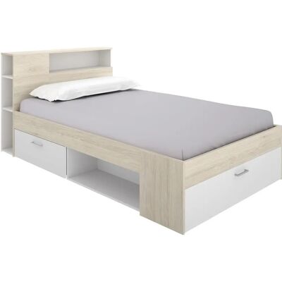 Lit avec tête de lit rangements - 120x190 cm - Naturel et blanc - LEANDRE Lit avec tête de lit rangements - 120x190 cm - Naturel et blanc - LEANDRE