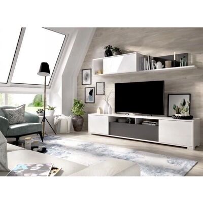 MobiMarket Mueble de TV - Blanco Brillo y Grafito - Ahorro de espacio MobiMarket Mueble de TV - Blanco Brillo y Grafito - Ahorro de espacio