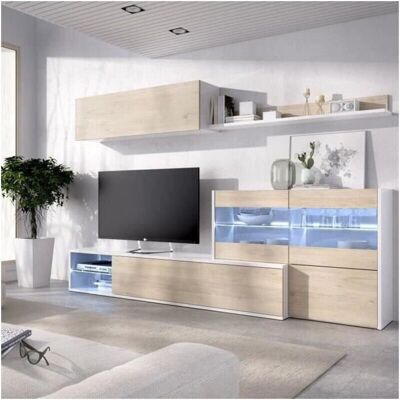 Mueble de TV reversible de Mobimarket - Blanco Brillo y Natural - 233-260cm Mueble de TV reversible de Mobimarket - Blanco Brillo y Natural - 233-260cm
