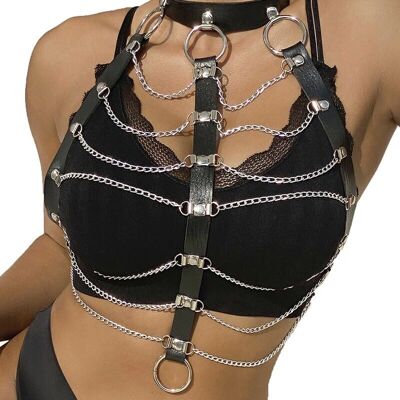 Harnais en Cuir Noir à Chaînes - Lingerie Harnais en Cuir Noir à Chaînes - Lingerie