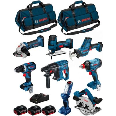 Bosch Kit 18V BK802BAG Impact Driver, Drill, Hammer, Circular Saw, Jigsaw, Sander, Angle Grinder, 5Ah Batteries - Power Tool Set Bosch Kit 18V BK802BAG Impact Driver, Drill, Hammer, Circular Saw, Jigsaw, Sander, Angle Grinder, 5Ah Batteries - Power Tool Set