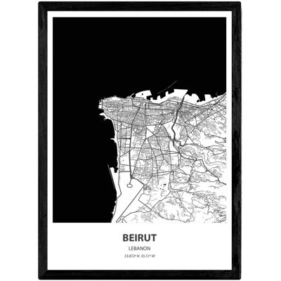 Affiche NACNIC - Carte de Beyrouth - Villes d'Afrique noir cadre - Publicité Affiche NACNIC - Carte de Beyrouth - Villes d'Afrique noir cadre - Publicité