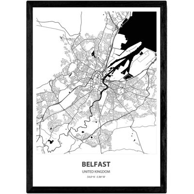 Poster Carte de Belfast - Villes du Royaume-Uni en Noir - Sans Cadre - Publicité Poster Carte de Belfast - Villes du Royaume-Uni en Noir - Sans Cadre - Publicité