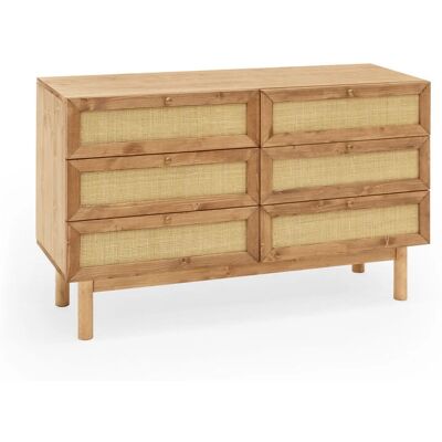 Decowood Cómoda de roble oscuro macizo y rafia 6 cajones Decowood Cómoda de roble oscuro macizo y rafia 6 cajones