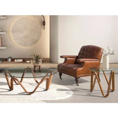 Angel Cerda Walnut Round Glass Coffee Table - Living Room Decor Angel Cerda Walnut Round Glass Coffee Table - Living Room Decor
