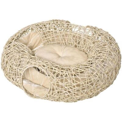 Lit pour chat en rotin naturel 78x69x22cm avec tunnel - Publicité Lit pour chat en rotin naturel 78x69x22cm avec tunnel - Publicité