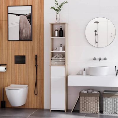 Armario compacto de baño Kleankin - Blanco y madera natural Armario compacto de baño Kleankin - Blanco y madera natural