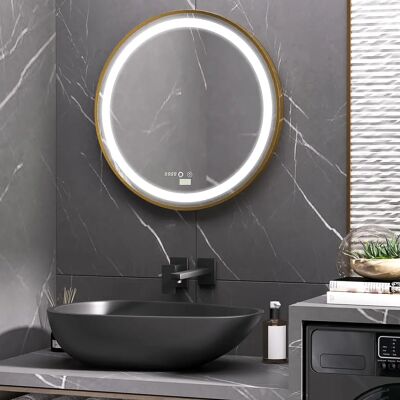 Espejo de baño redondo con luz LED - Control táctil, 3 modos de luz, ajustable, temperatura y hora Espejo de baño redondo con luz LED - Control táctil, 3 modos de luz, ajustable, temperatura y hora