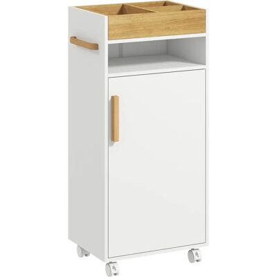 Armario de baño Kleankin Blanco y Madera - Estantes ajustables, Bandeja desmontable, Ruedas - 40x30x88 cm Armario de baño Kleankin Blanco y Madera - Estantes ajustables, Bandeja desmontable, Ruedas - 40x30x88 cm