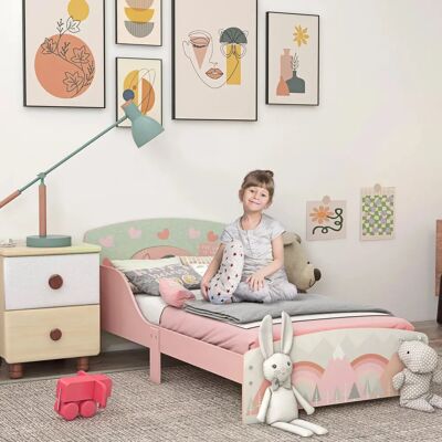 Cama Infantil Rosa con Estampado de Animales - Para Niños 3-6 Años Cama Infantil Rosa con Estampado de Animales - Para Niños 3-6 Años