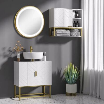 Conjunto de baño Kleankin con espejo LED y armario - Blanco y dorado Conjunto de baño Kleankin con espejo LED y armario - Blanco y dorado