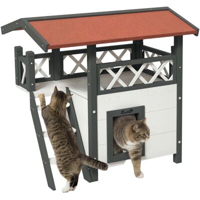 Houten kattenhuis PawHut 77x50x73 cm meerdelig schuilhuis met dak en balkon Houten kattenhuis PawHut 77x50x73 cm meerdelig schuilhuis met dak en balkon