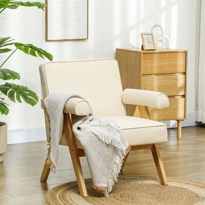 HOMCOM - Sillón PU Leather Rubberwood - Crema - Silla HOMCOM - Sillón PU Leather Rubberwood - Crema - Silla