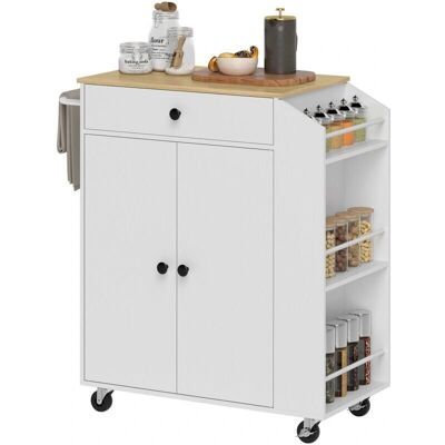 Isla de Cocina Blanca HOMCOM con Estante de Especias de 3 Niveles y Ruedas Isla de Cocina Blanca HOMCOM con Estante de Especias de 3 Niveles y Ruedas